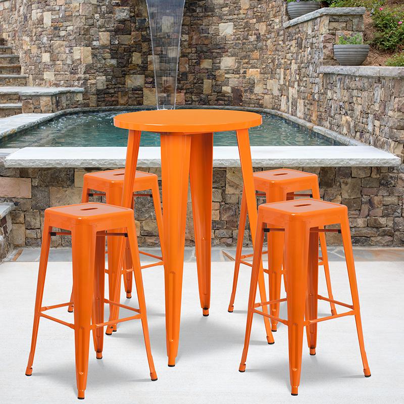 24" Round Orange Metal Indoor-Outdoor Bar Table Set with 4 Seat Backless Stools. Picture 1