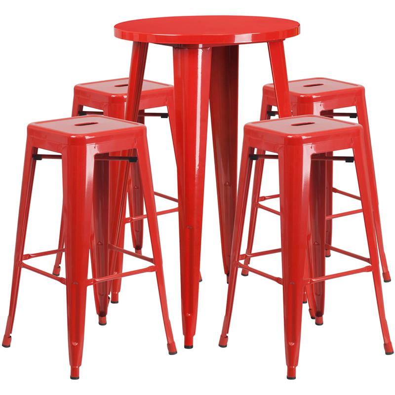 24" Round Red Metal Indoor-Outdoor Bar Table Set with 4 Seat Backless Stools. Picture 2