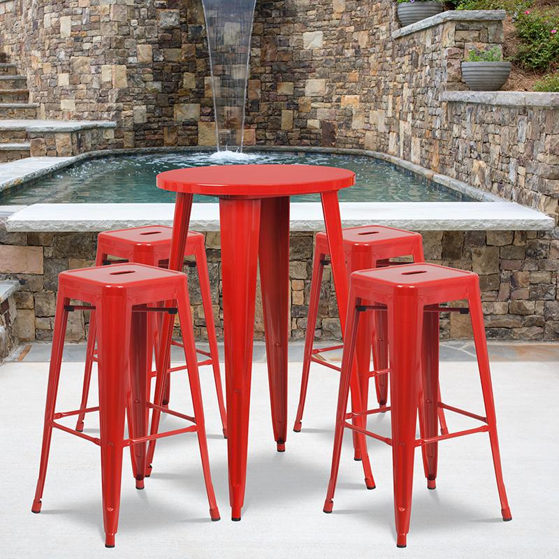 24" Round Red Metal Indoor-Outdoor Bar Table Set with 4 Seat Backless Stools. Picture 1