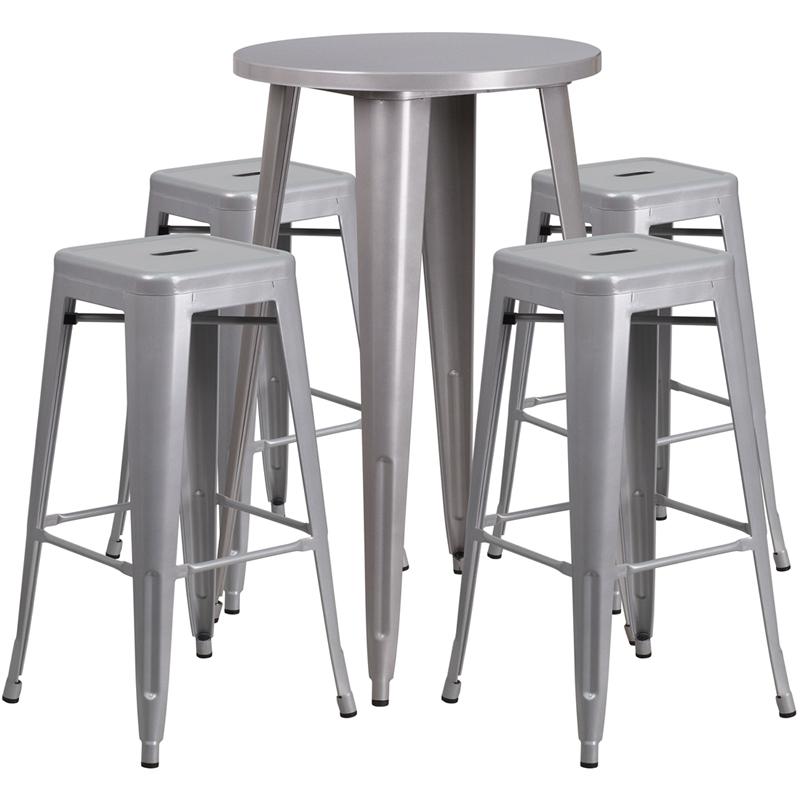 Commercial Grade 24" Round Silver Metal Indoor-Outdoor Bar Table Set with 4 Square Seat Backless Stools. Picture 1