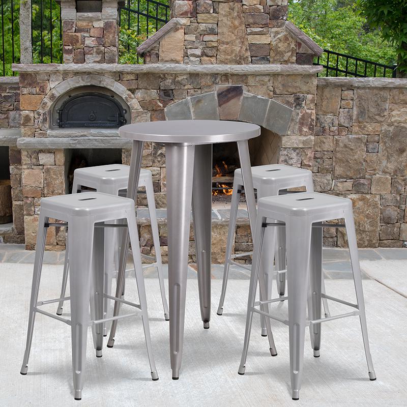24" Round Silver Metal Indoor-Outdoor Bar Table Set with 4 Seat Backless Stools. Picture 1