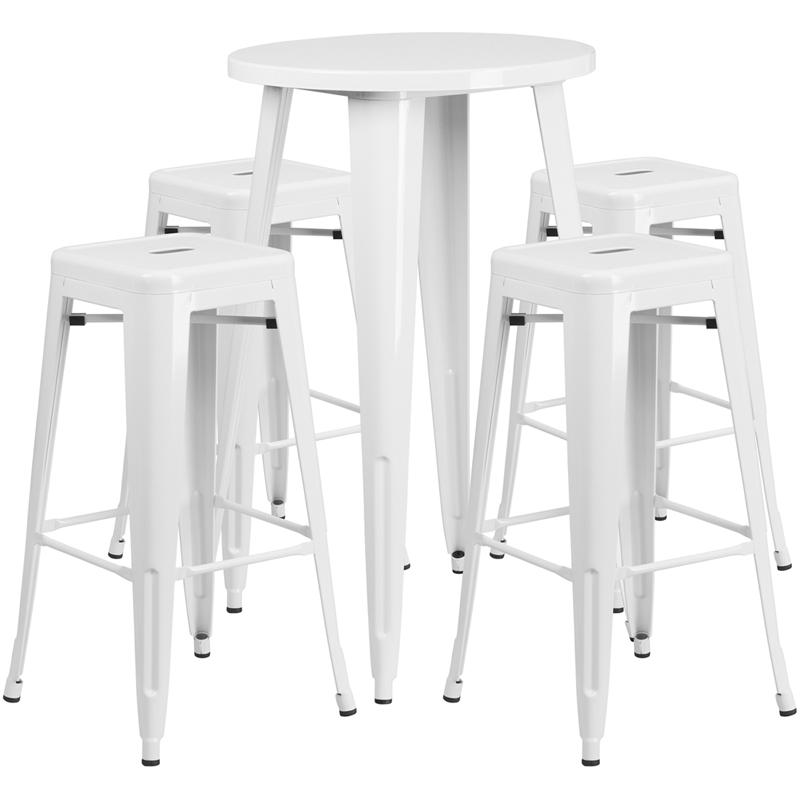 24'' Round White Metal In-Outdoor Bar Table Set - 4 Square Seat Backless Stools. Picture 2