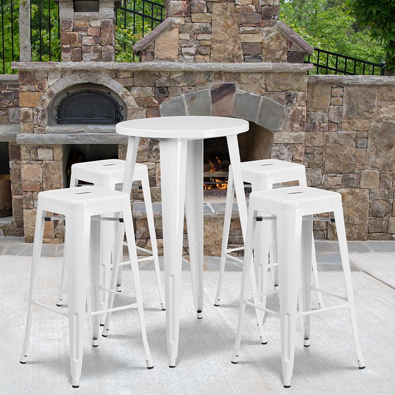 24'' Round White Metal In-Outdoor Bar Table Set - 4 Square Seat Backless Stools. The main picture.
