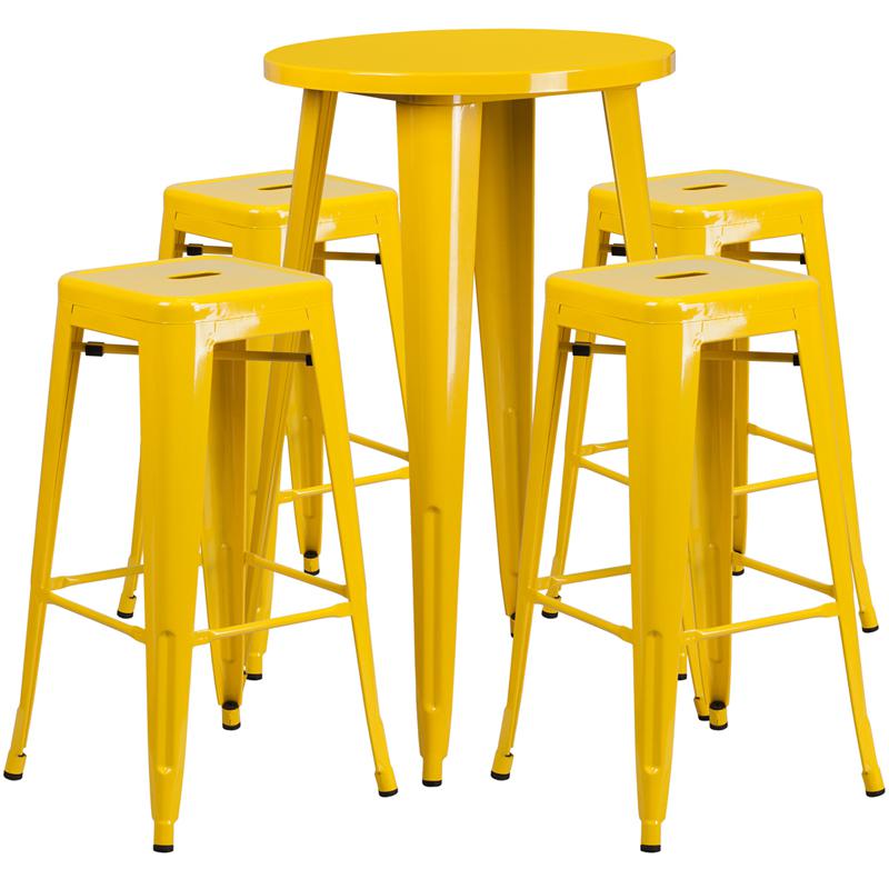 24" Round Yellow Metal Indoor-Outdoor Bar Table Set with 4 Seat Backless Stools. Picture 2