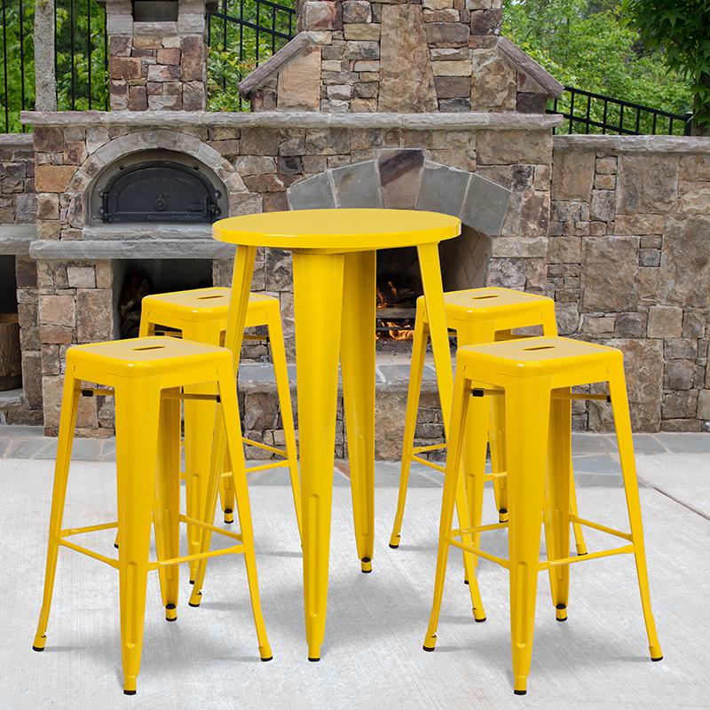 24" Round Yellow Metal Indoor-Outdoor Bar Table Set with 4 Seat Backless Stools. Picture 1