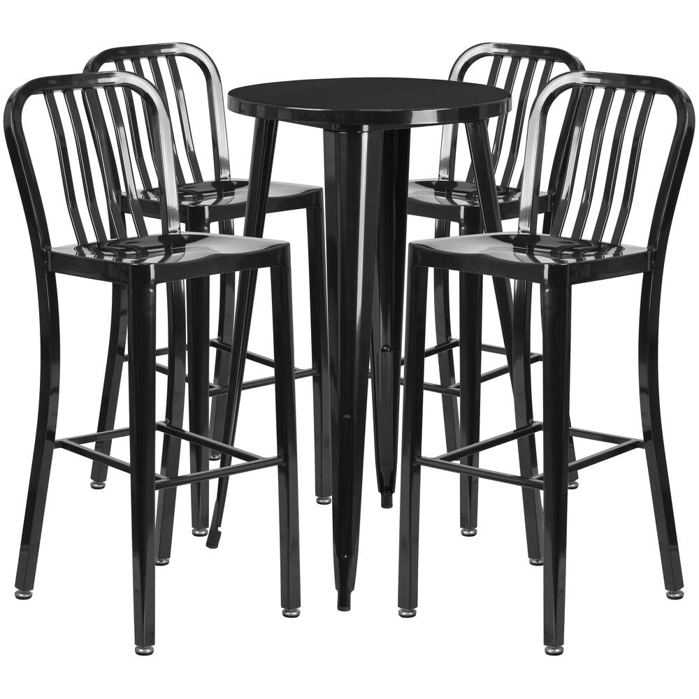 Commercial Grade 24" Round Black Metal Indoor-Outdoor Bar Table Set with 4 Vertical Slat Back Stools. Picture 1