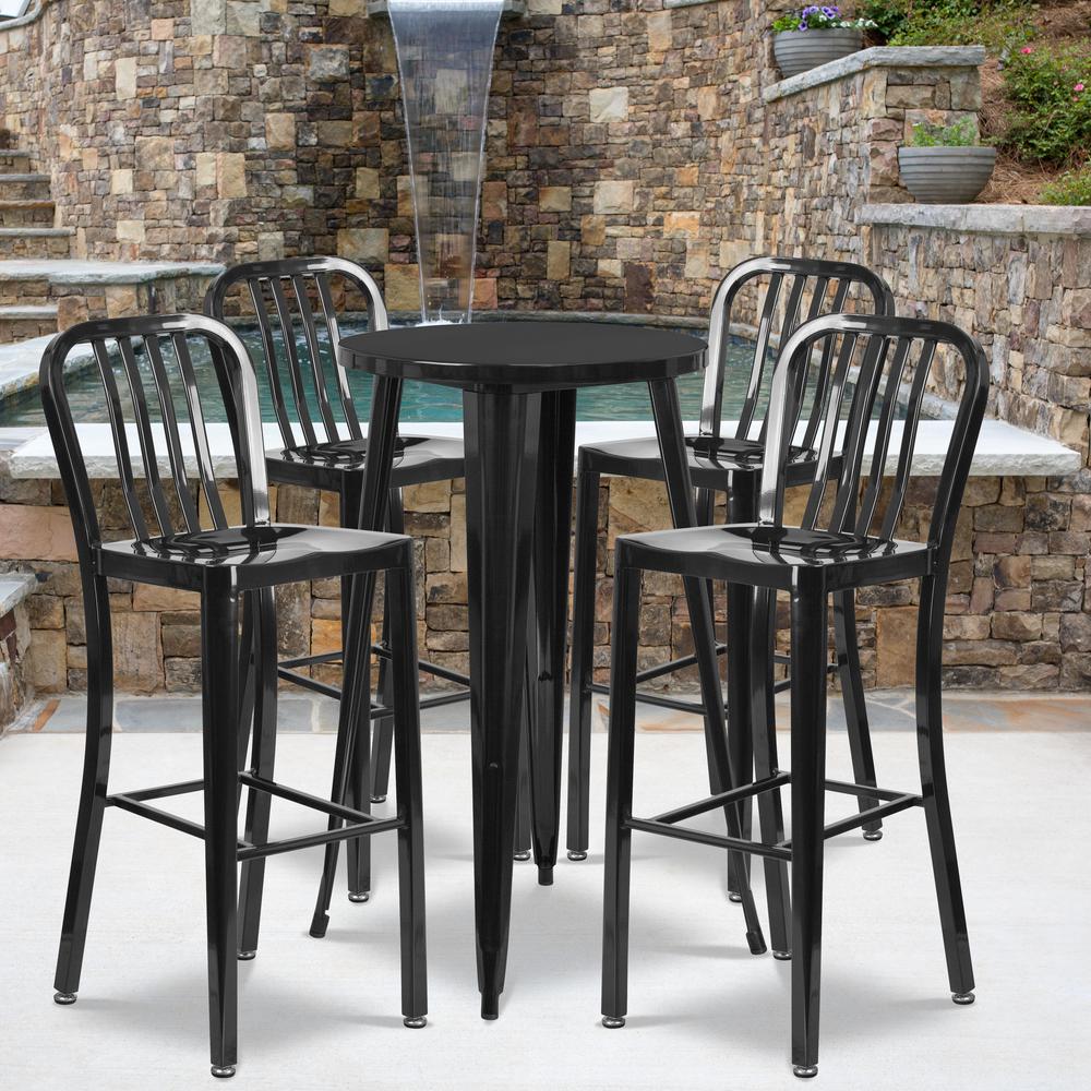 Commercial Grade 24" Round Black Metal Indoor-Outdoor Bar Table Set with 4 Vertical Slat Back Stools. Picture 4