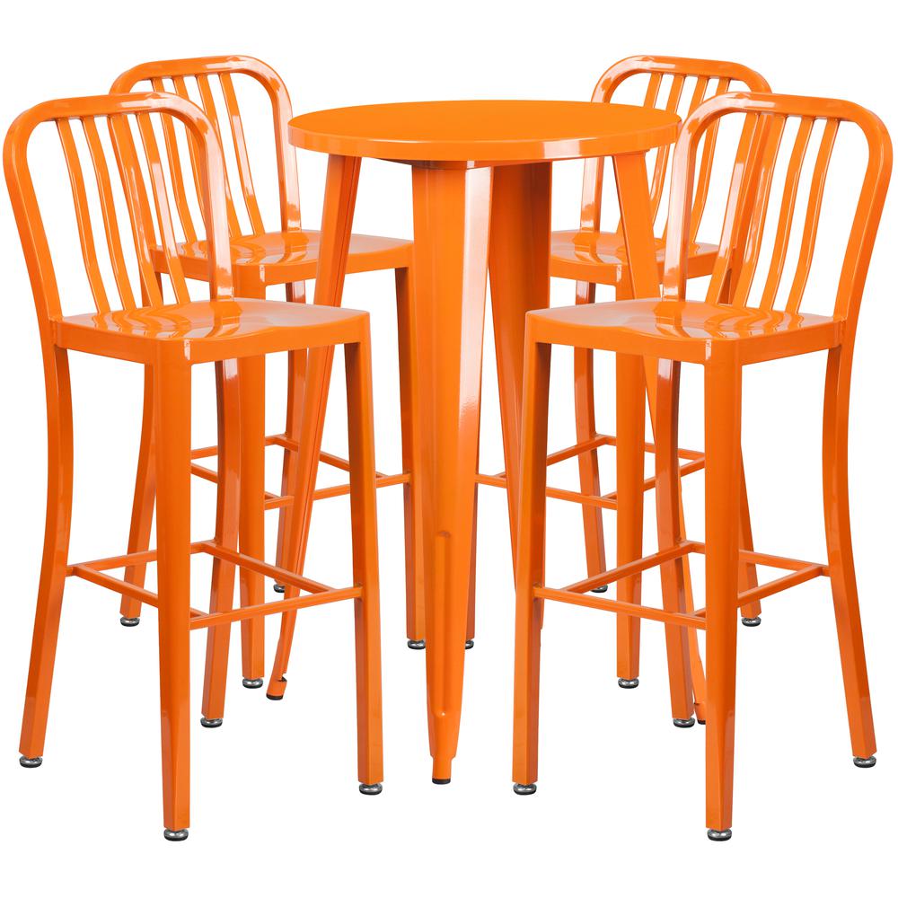 Commercial Grade 24" Round Orange Metal Indoor-Outdoor Bar Table Set with 4 Vertical Slat Back Stools. Picture 1