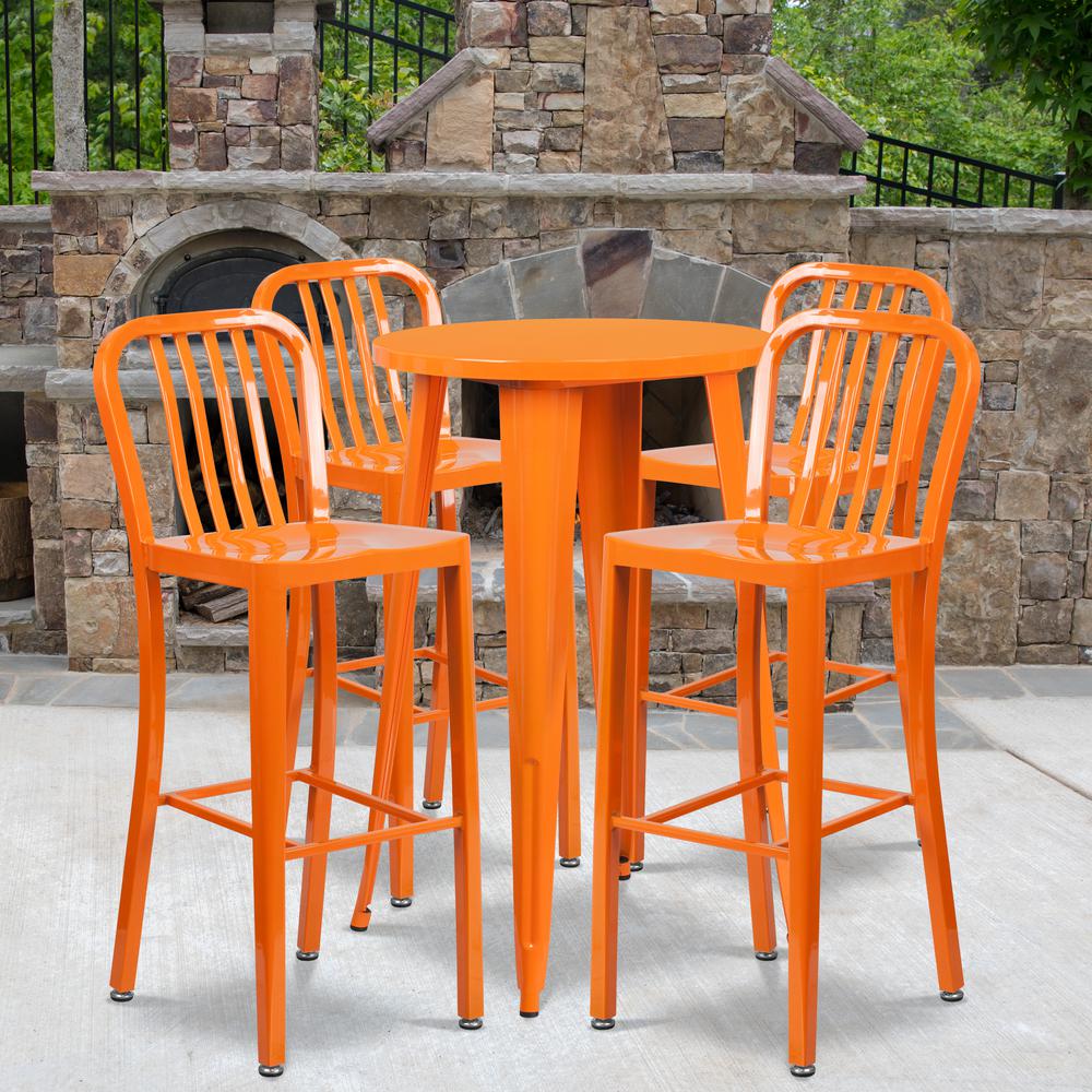 Commercial Grade 24" Round Orange Metal Indoor-Outdoor Bar Table Set with 4 Vertical Slat Back Stools. Picture 4