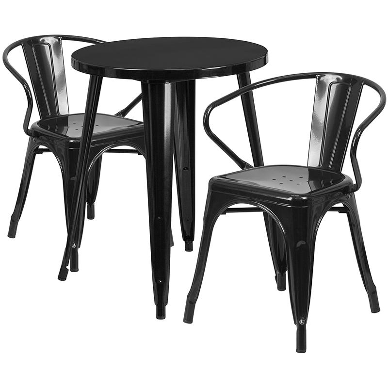 24'' Round Black Metal Indoor-Outdoor Table Set with 2 Arm Chairs. Picture 2