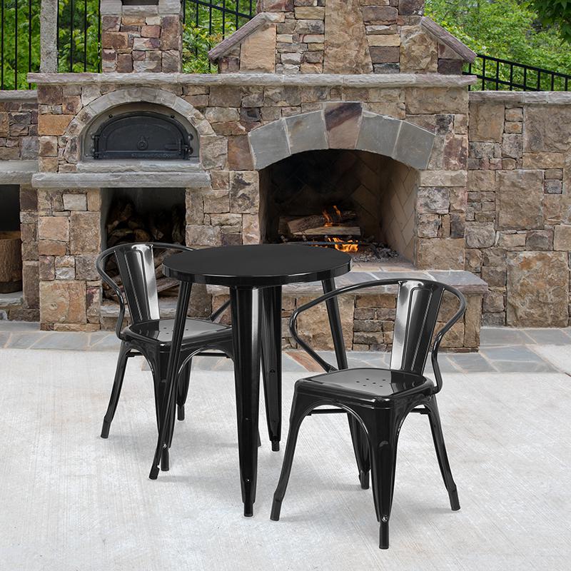 24'' Round Black Metal Indoor-Outdoor Table Set with 2 Arm Chairs. The main picture.