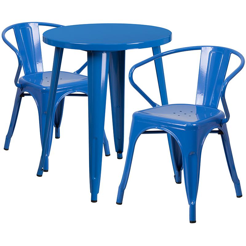 Commercial Grade 24" Round Blue Metal Indoor-Outdoor Table Set with 2 Arm Chairs. Picture 1
