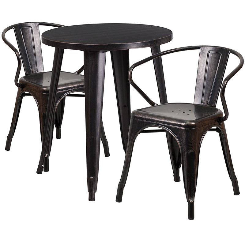 Commercial Grade 24" Round Black-Antique Gold Metal Indoor-Outdoor Table Set with 2 Arm Chairs. Picture 1