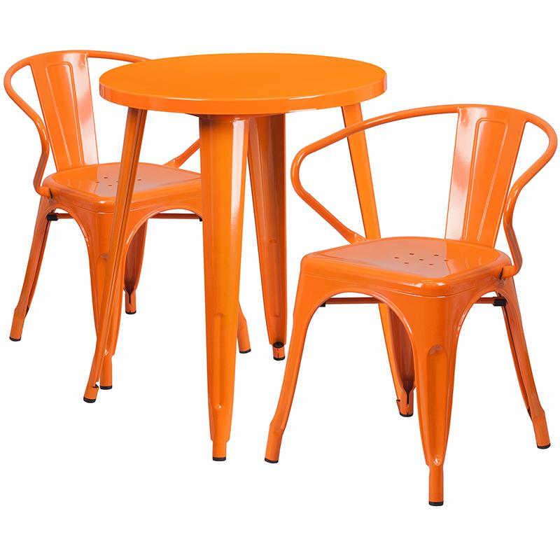Commercial Grade 24" Round Orange Metal Indoor-Outdoor Table Set with 2 Arm Chairs. Picture 1
