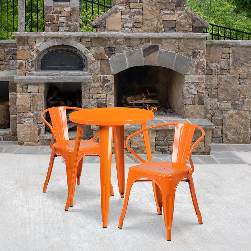 24" Round Orange Metal Indoor-Outdoor Table Set with 2 Arm Chairs. Picture 1