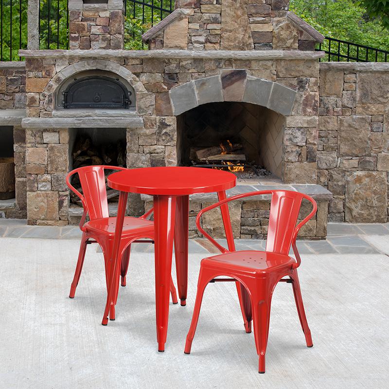 Commercial Grade 24" Round Red Metal Indoor-Outdoor Table Set with 2 Arm Chairs. Picture 4