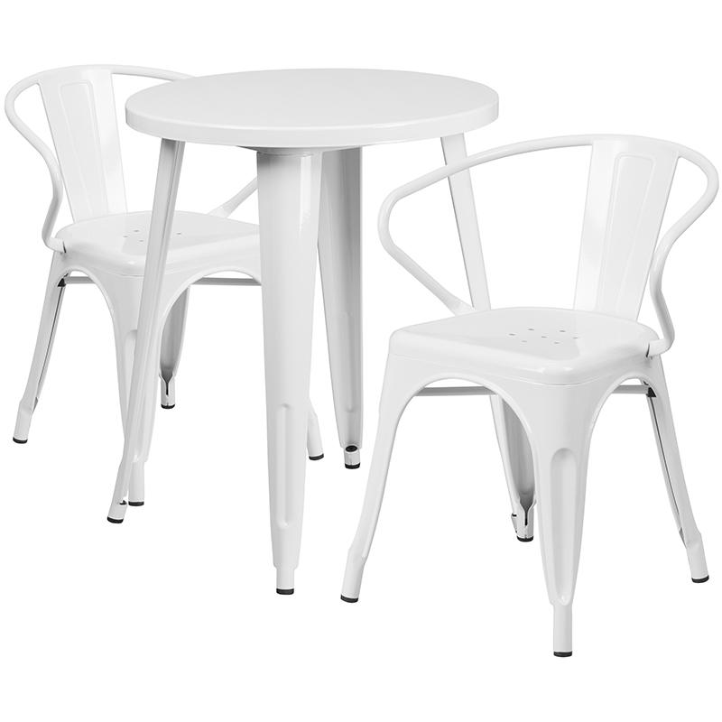 24" Round White Metal Indoor-Outdoor Table Set with 2 Arm Chairs. Picture 2