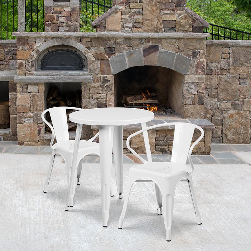 Commercial Grade 24" Round White Metal Indoor-Outdoor Table Set with 2 Arm Chairs. Picture 4