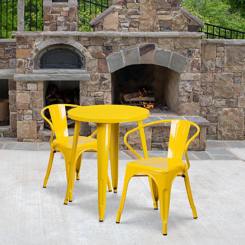 Commercial Grade 24" Round Yellow Metal Indoor-Outdoor Table Set with 2 Arm Chairs. Picture 4