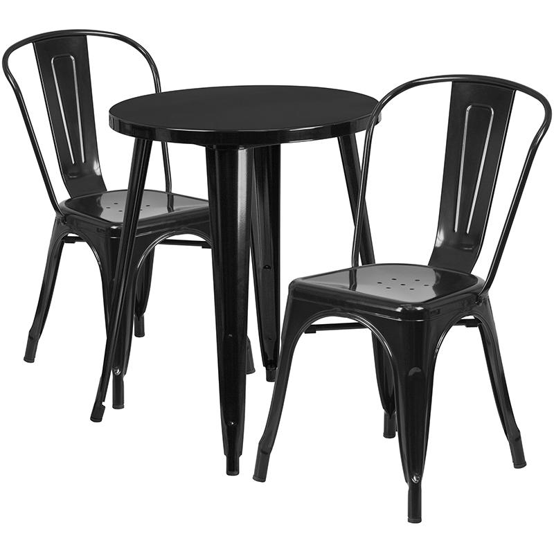Commercial Grade 24" Round Black Metal Indoor-Outdoor Table Set with 2 Cafe Chairs. The main picture.