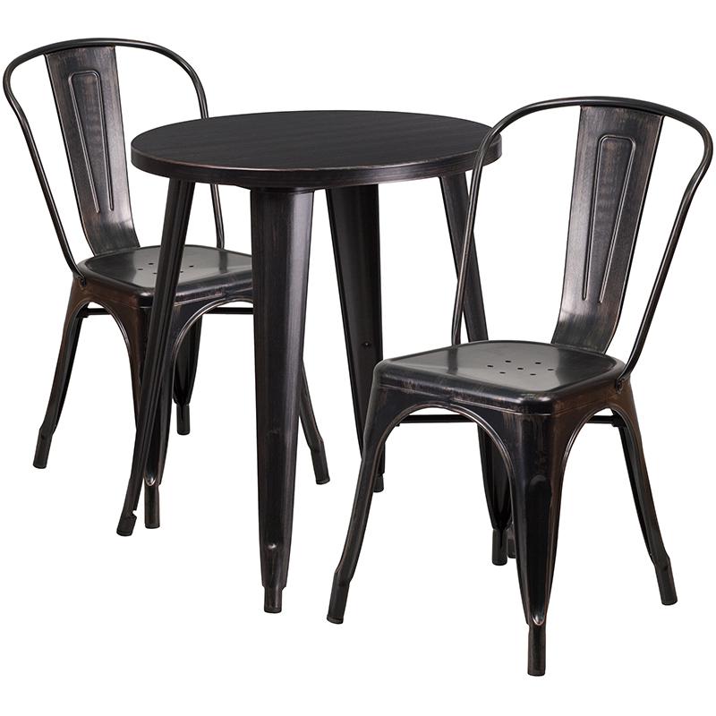 Commercial Grade 24" Round Black-Antique Gold Metal Indoor-Outdoor Table Set with 2 Cafe Chairs. The main picture.