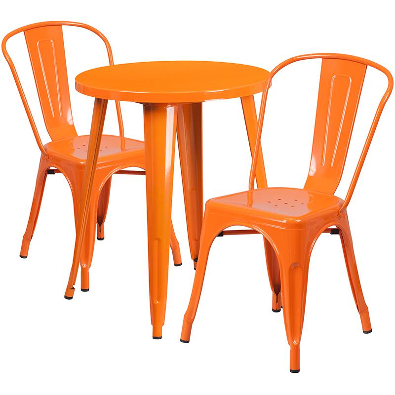 Commercial Grade 24" Round Orange Metal Indoor-Outdoor Table Set with 2 Cafe Chairs. The main picture.