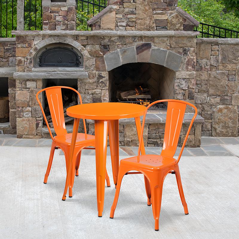 Commercial Grade 24" Round Orange Metal Indoor-Outdoor Table Set with 2 Cafe Chairs. Picture 4