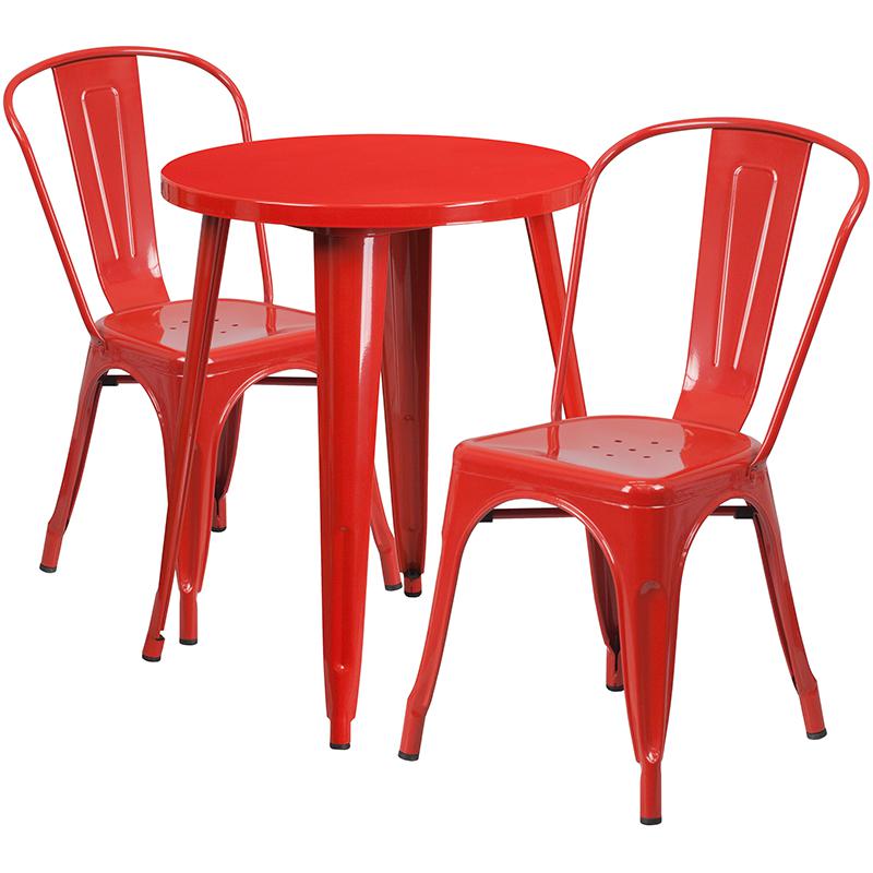 24" Round Red Metal Indoor-Outdoor Table Set with 2 Cafe Chairs. Picture 2