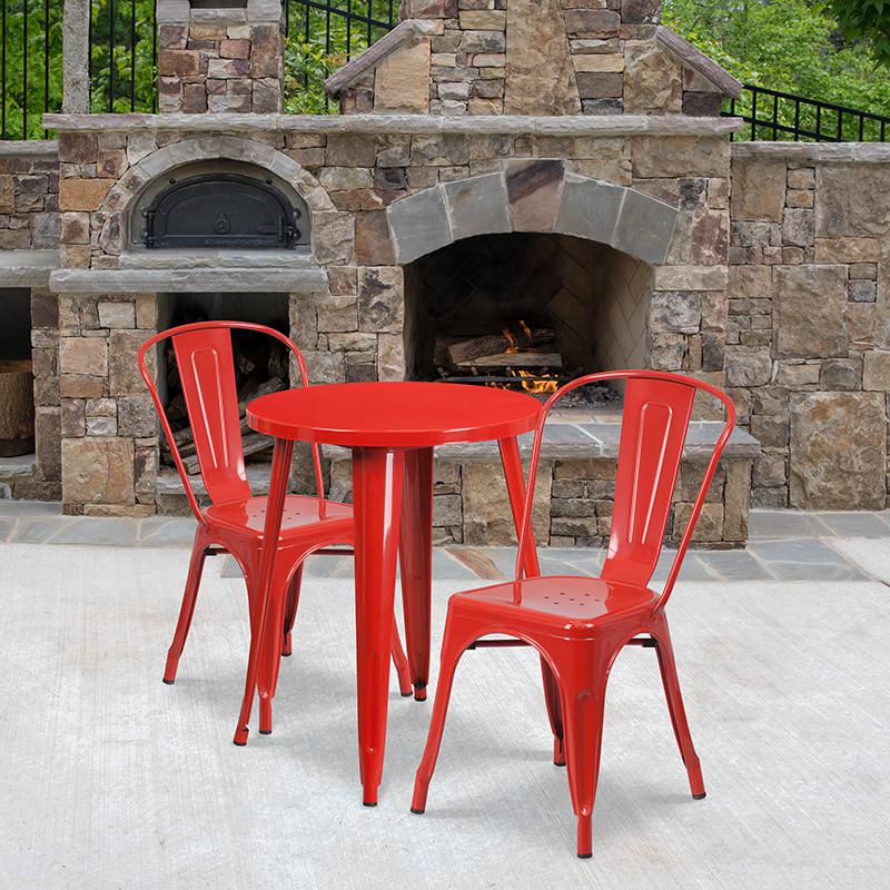 Commercial Grade 24" Round Red Metal Indoor-Outdoor Table Set with 2 Cafe Chairs. Picture 4