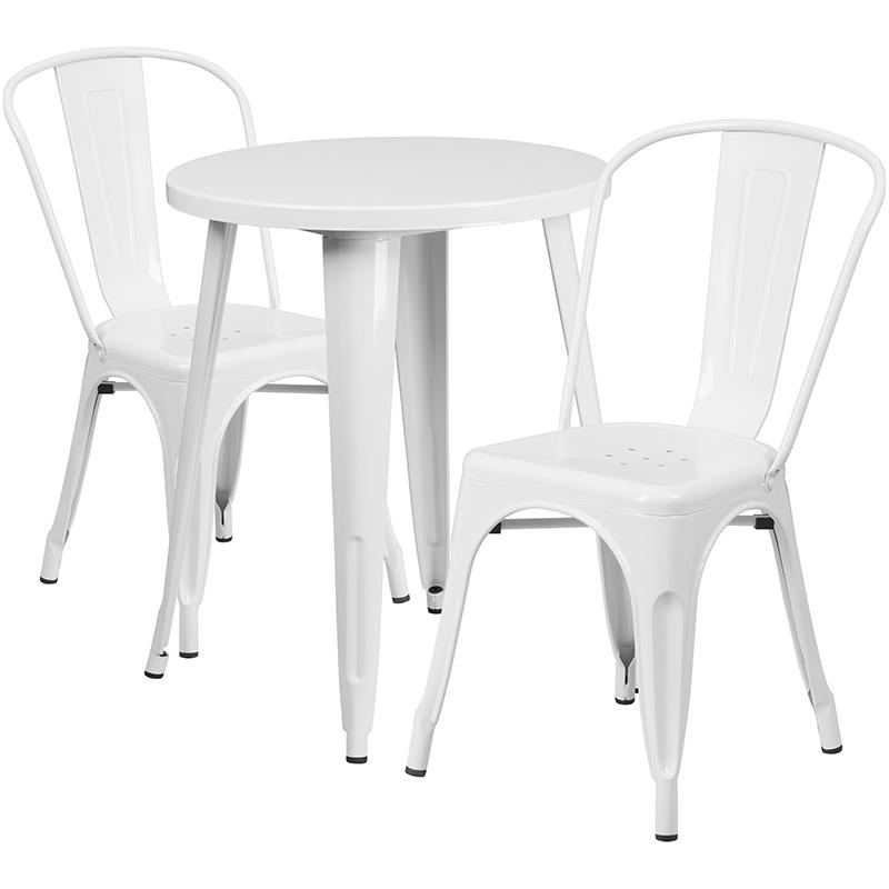 Commercial Grade 24" Round White Metal Indoor-Outdoor Table Set with 2 Cafe Chairs. Picture 1
