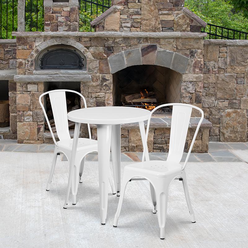 24" Round White Metal Indoor-Outdoor Table Set with 2 Cafe Chairs. Picture 1