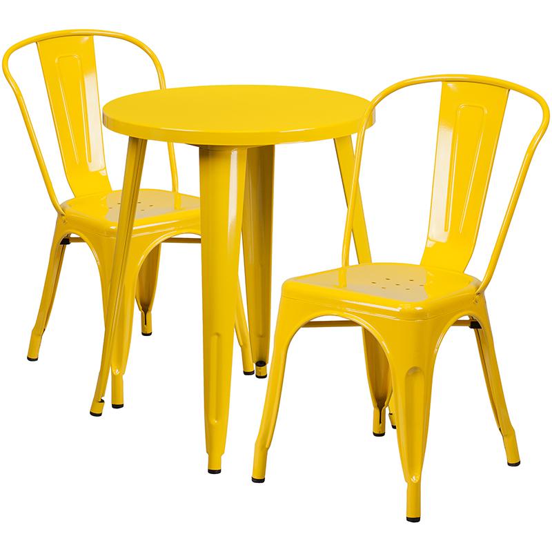 24" Round Yellow Metal Indoor-Outdoor Table Set with 2 Cafe Chairs. Picture 2