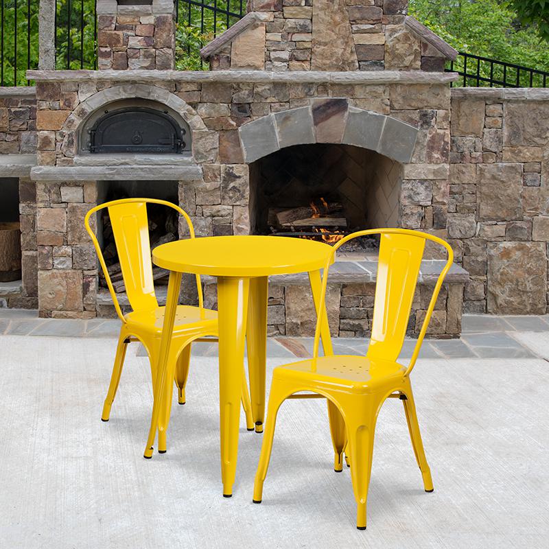24" Round Yellow Metal Indoor-Outdoor Table Set with 2 Cafe Chairs. Picture 1