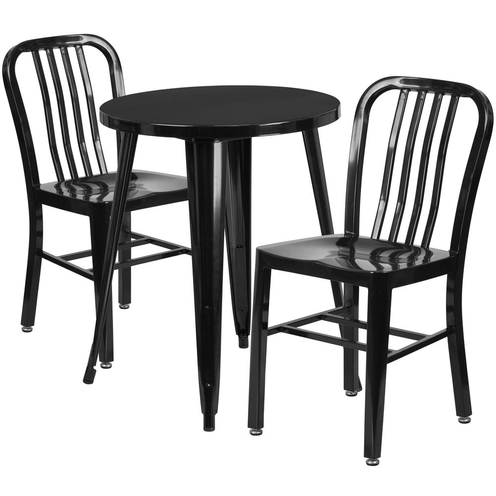 Commercial Grade 24" Round Black Metal Indoor-Outdoor Table Set with 2 Vertical Slat Back Chairs. The main picture.