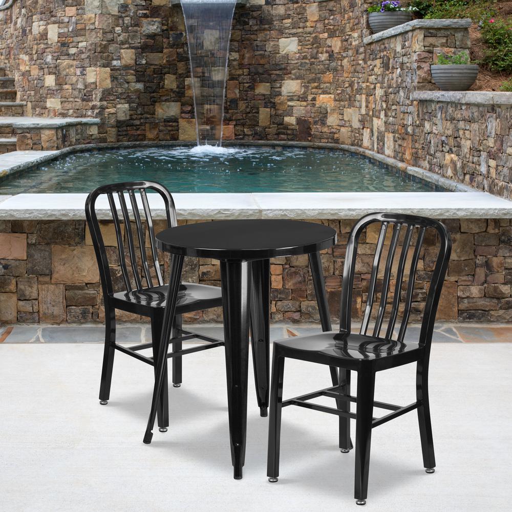 Commercial Grade 24" Round Black Metal Indoor-Outdoor Table Set with 2 Vertical Slat Back Chairs. Picture 4