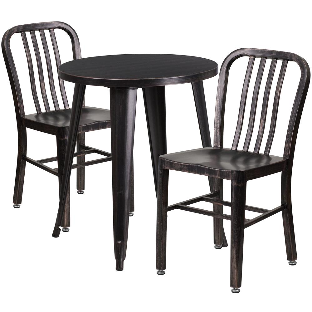 Commercial Grade 24" Round Black-Antique Gold Metal Indoor-Outdoor Table Set with 2 Vertical Slat Back Chairs. Picture 1