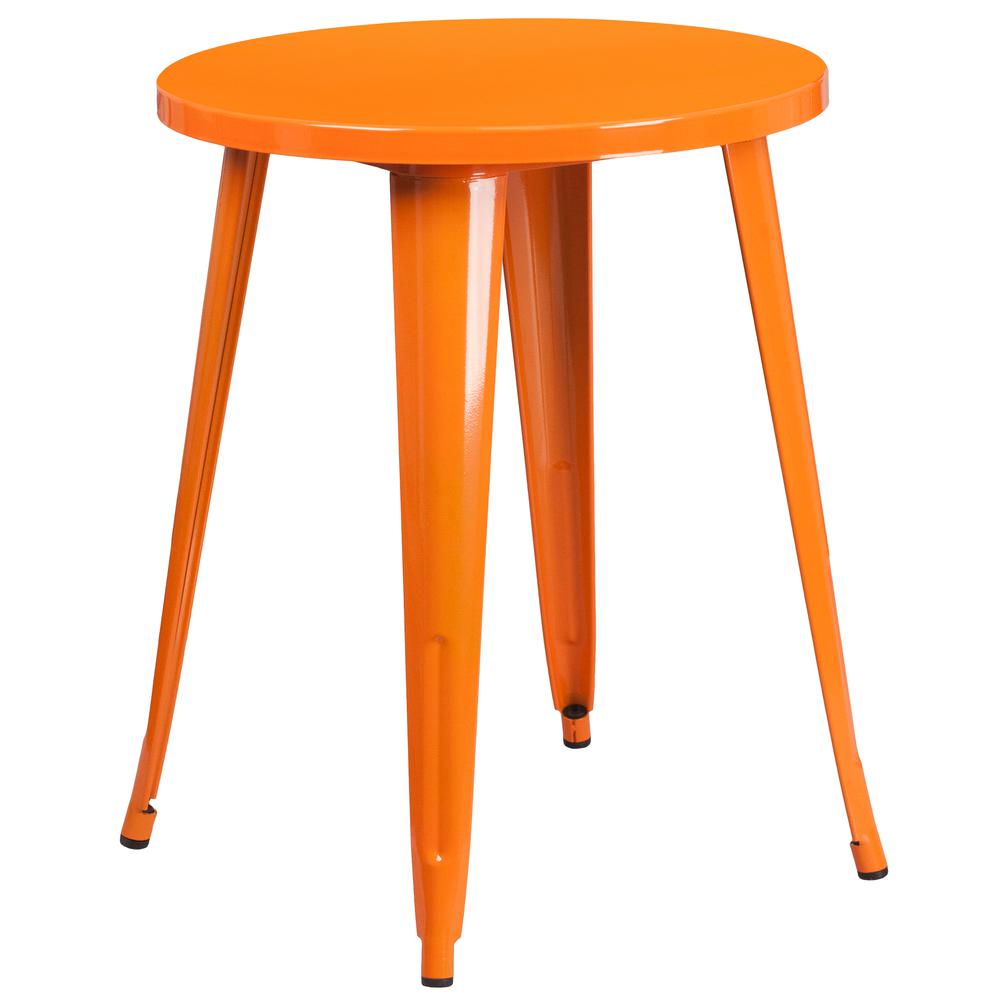 Commercial Grade 24" Round Orange Metal Indoor-Outdoor Table Set with 2 Vertical Slat Back Chairs. Picture 2