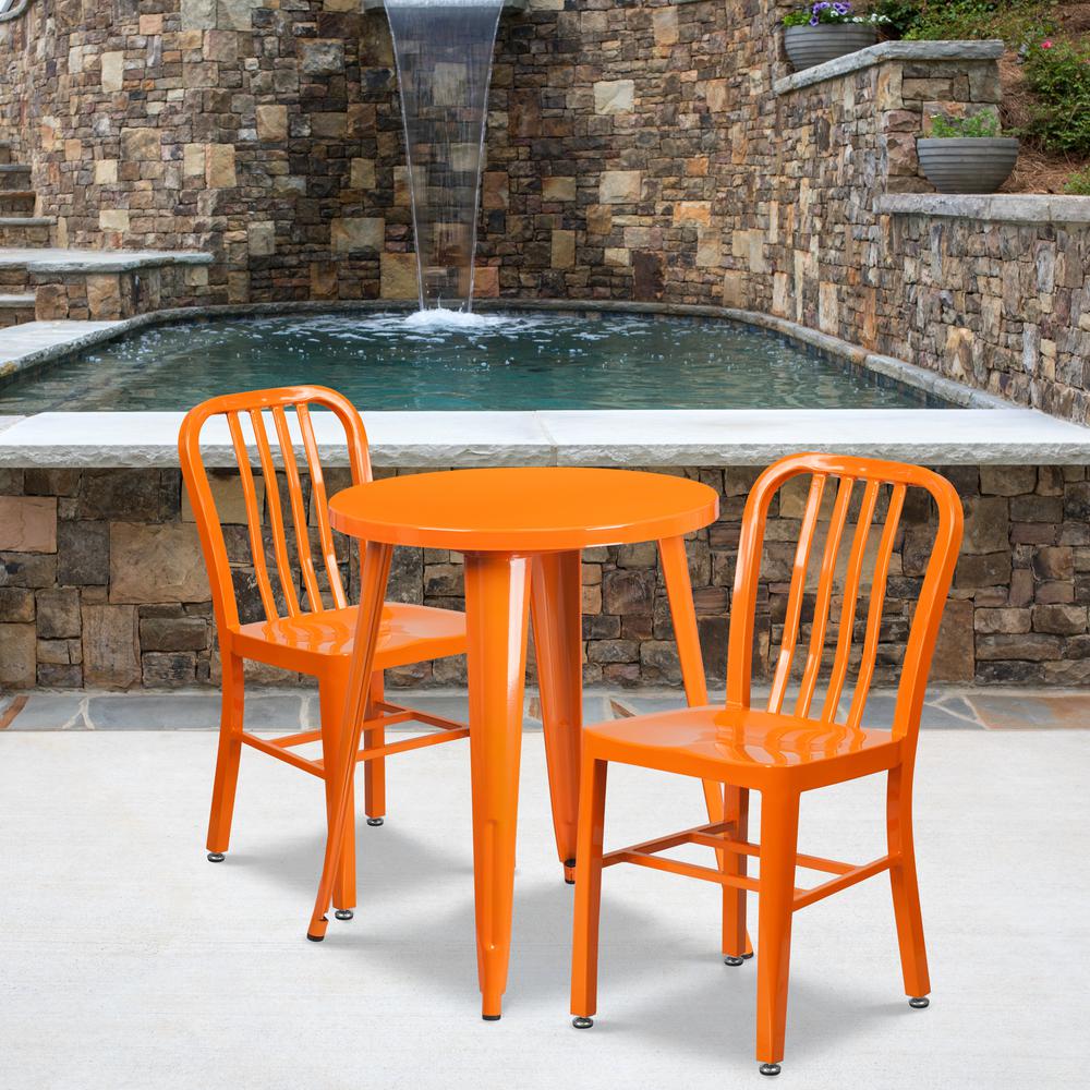 Commercial Grade 24" Round Orange Metal Indoor-Outdoor Table Set with 2 Vertical Slat Back Chairs. Picture 4