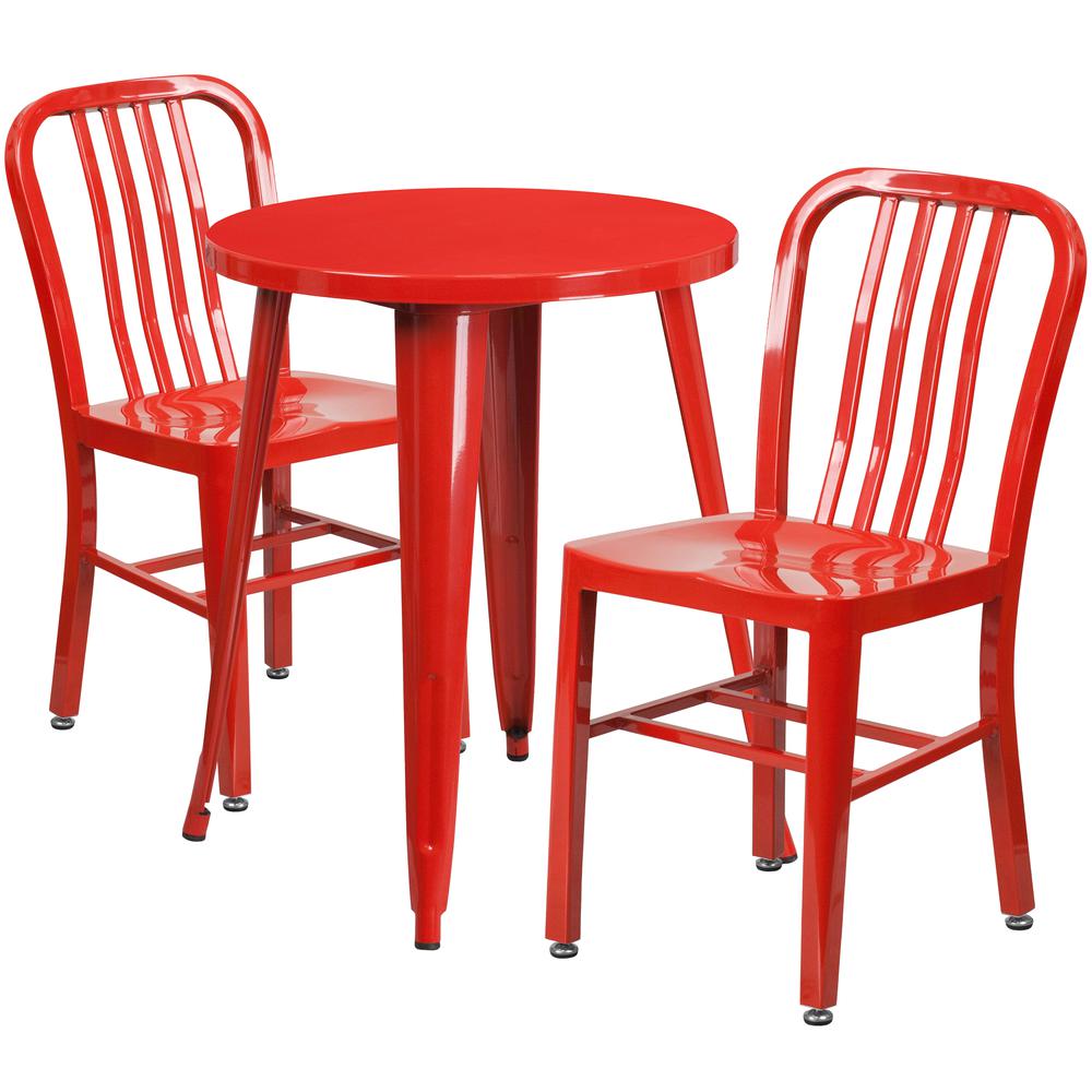 Commercial Grade 24" Round Red Metal Indoor-Outdoor Table Set with 2 Vertical Slat Back Chairs. Picture 1