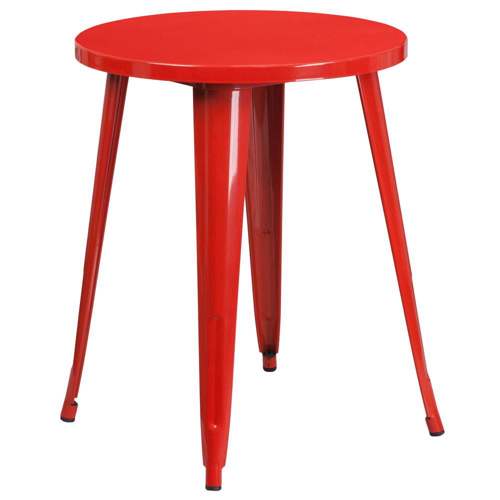 Commercial Grade 24" Round Red Metal Indoor-Outdoor Table Set with 2 Vertical Slat Back Chairs. Picture 2