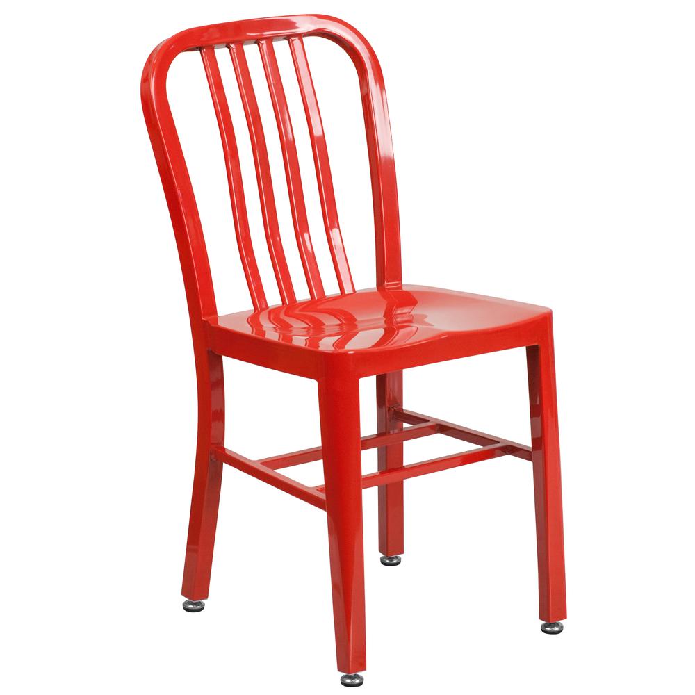 Commercial Grade 24" Round Red Metal Indoor-Outdoor Table Set with 2 Vertical Slat Back Chairs. Picture 3