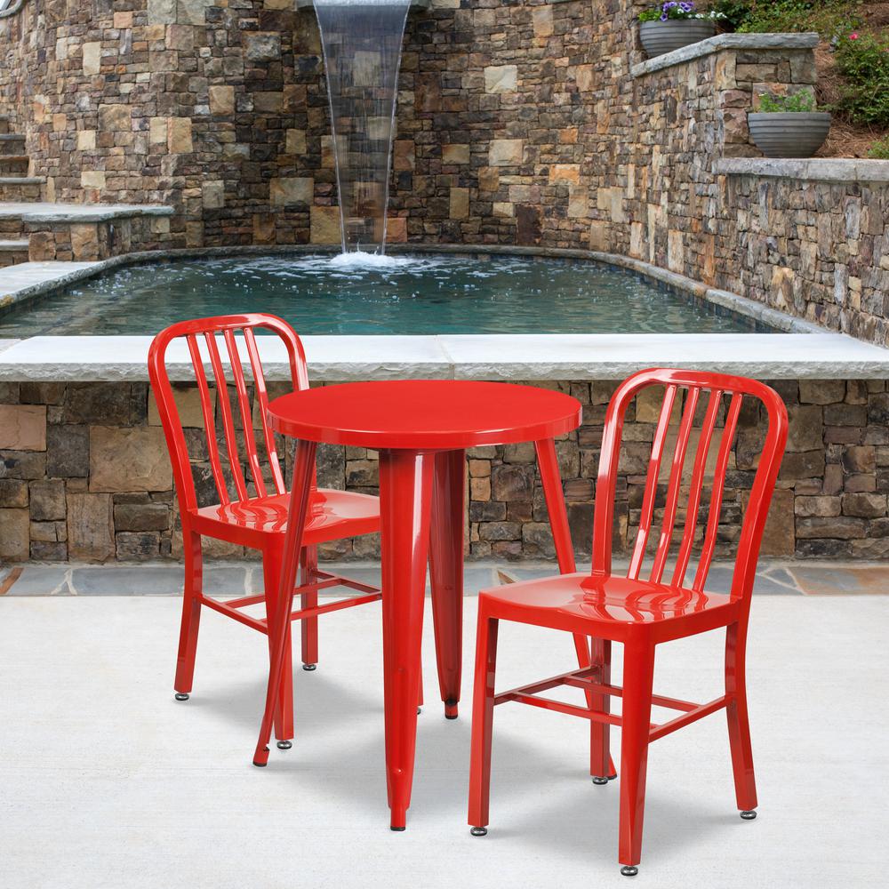 Commercial Grade 24" Round Red Metal Indoor-Outdoor Table Set with 2 Vertical Slat Back Chairs. Picture 4