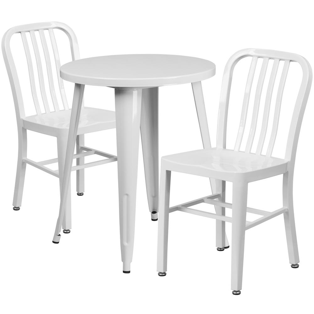 Commercial Grade 24" Round White Metal Indoor-Outdoor Table Set with 2 Vertical Slat Back Chairs. Picture 1