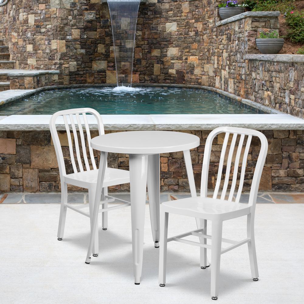 Commercial Grade 24" Round White Metal Indoor-Outdoor Table Set with 2 Vertical Slat Back Chairs. Picture 4