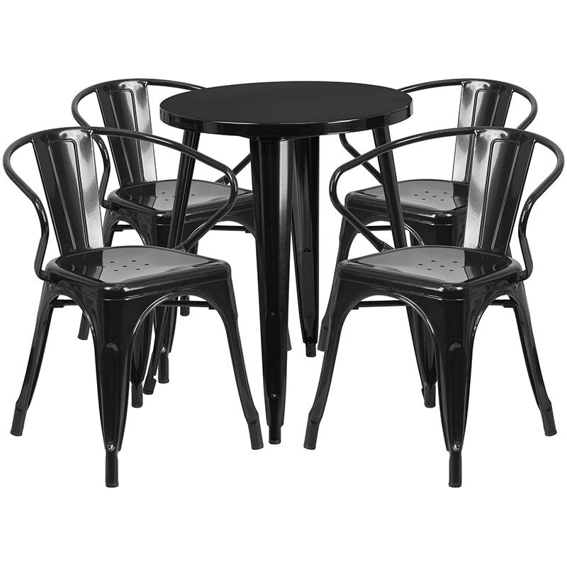 Commercial Grade 24" Round Black Metal Indoor-Outdoor Table Set with 4 Arm Chairs. Picture 1
