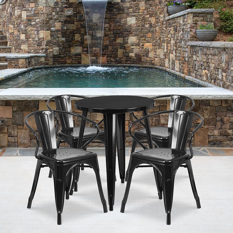 24" Round Black Metal Indoor-Outdoor Table Set with 4 Arm Chairs. Picture 1