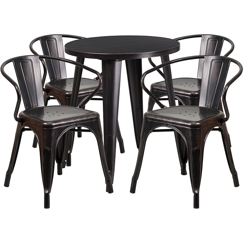 Commercial Grade 24" Round Black-Antique Gold Metal Indoor-Outdoor Table Set with 4 Arm Chairs. Picture 1