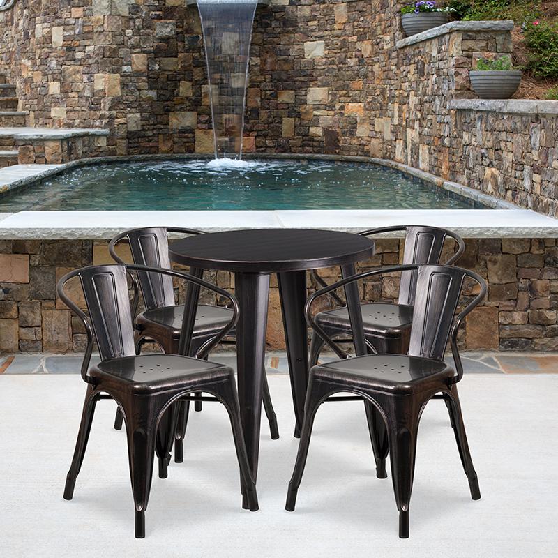 24" Round Black-Antique Gold Metal Indoor-Outdoor Table Set with 4 Arm Chairs. Picture 1