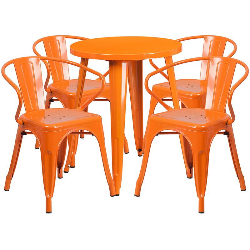 24" Round Orange Metal Indoor-Outdoor Table Set with 4 Arm Chairs. Picture 2