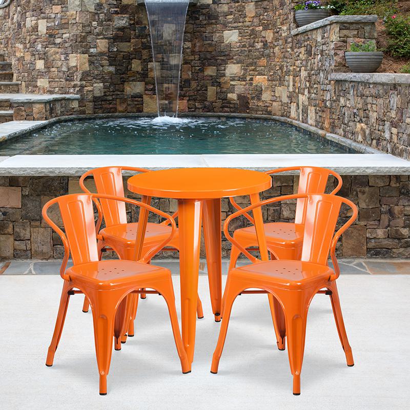 24" Round Orange Metal Indoor-Outdoor Table Set with 4 Arm Chairs. Picture 1